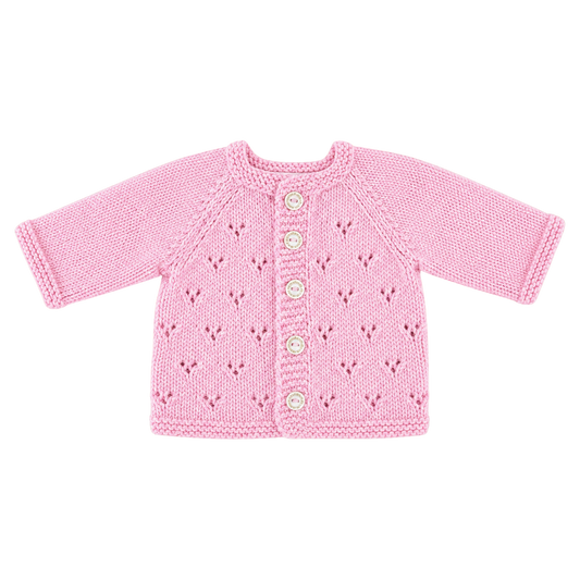 Cardigan bébé fille en tricot fantaisie rose à motifs ajourés et boutons nacrés